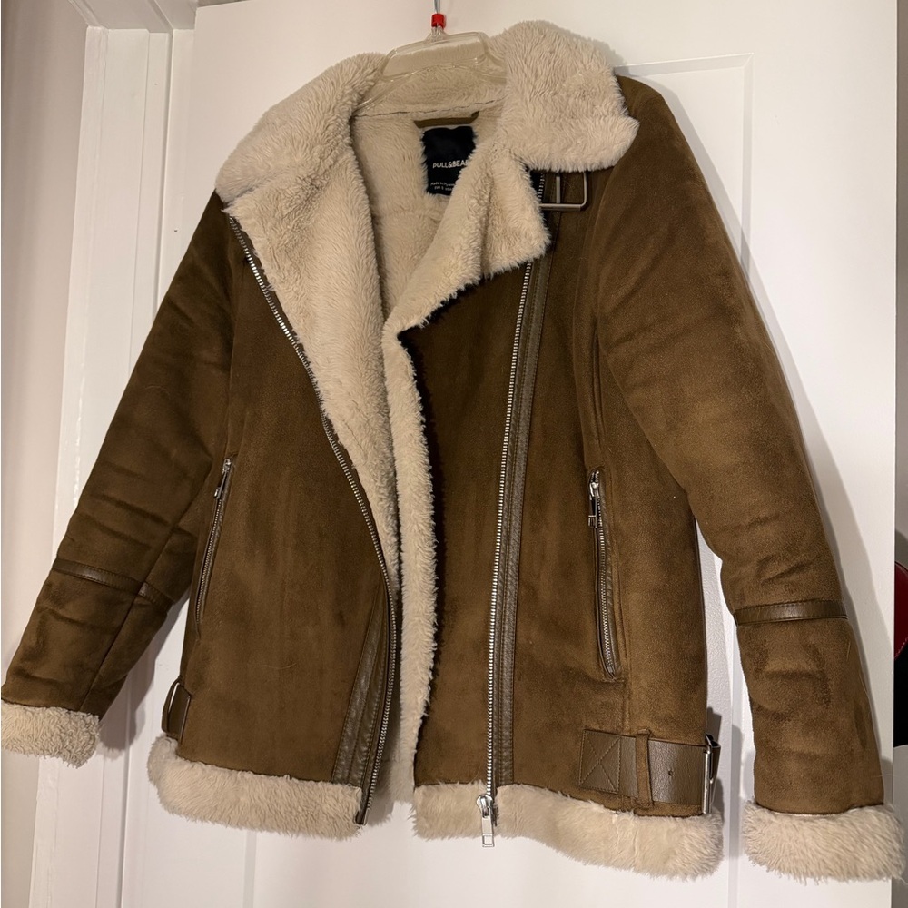 Pull&Bear Brown and Cream Teddy Aviator Jacket